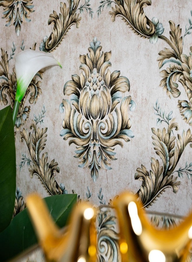 wolpin Non-Woven Wallpaper Non-Adhesive (53 x 950 CM) (Floral Design) | Ornate Embossed Floral Design Wallpaper with Texture and Shine | Beige & Aqua Wall Covering 54.18 Sq Ft - Image 4